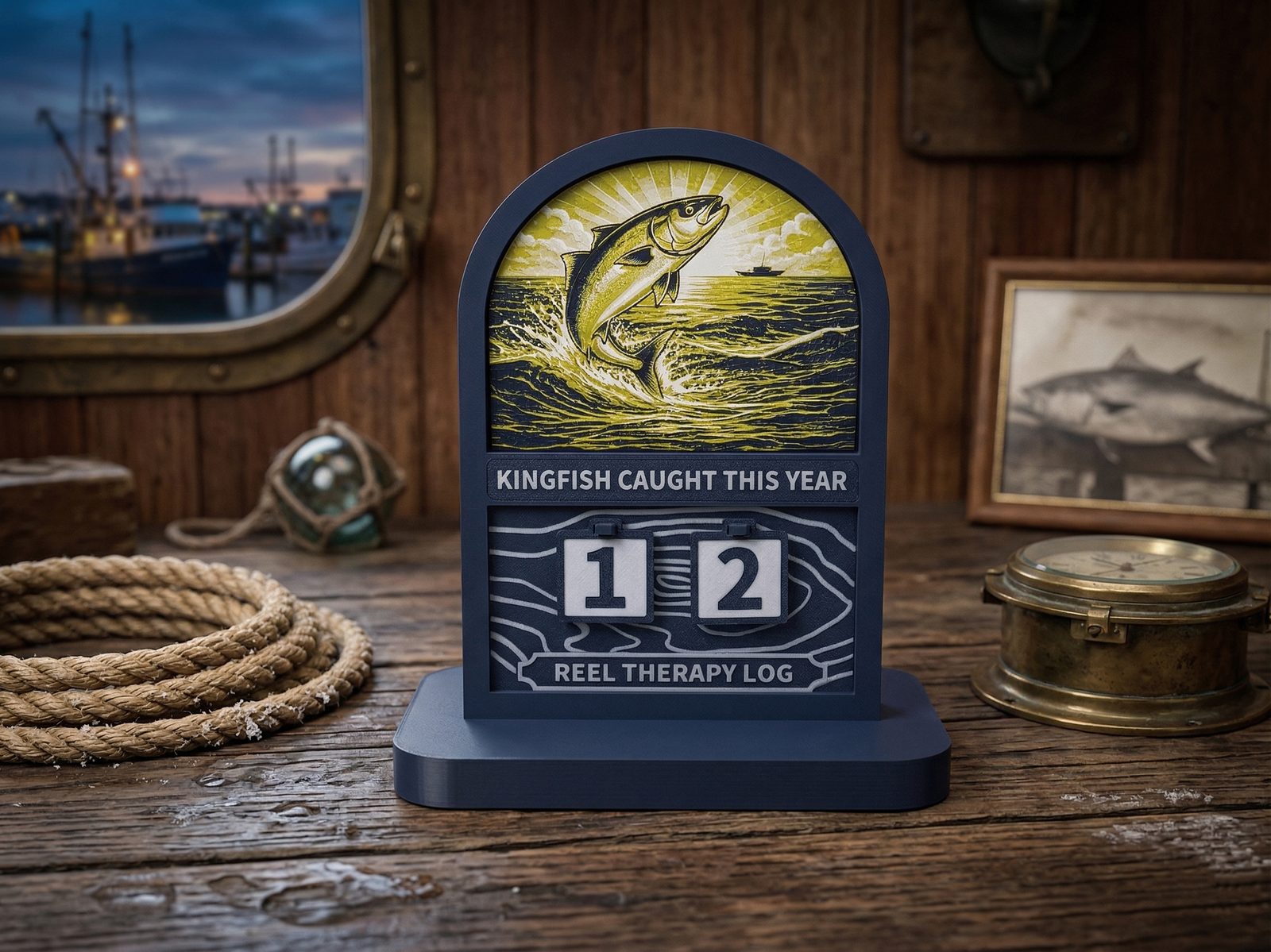 Layer Labs Kingfish Counter desk trophy with flip-tile catch counter